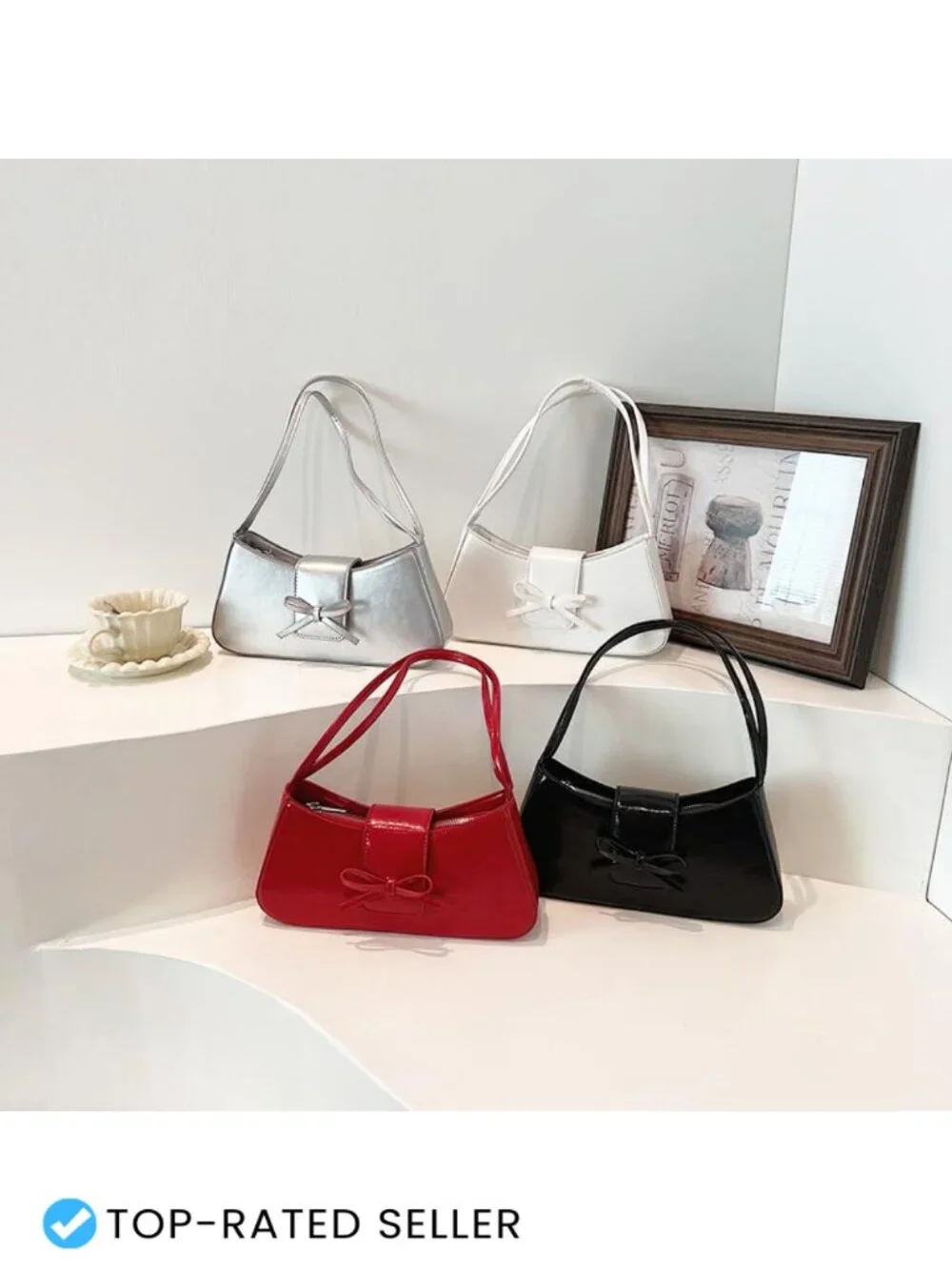 Patent Leather Hobo Shoulder Bag Zipper Closure Cute Bow Purse for Everyday
